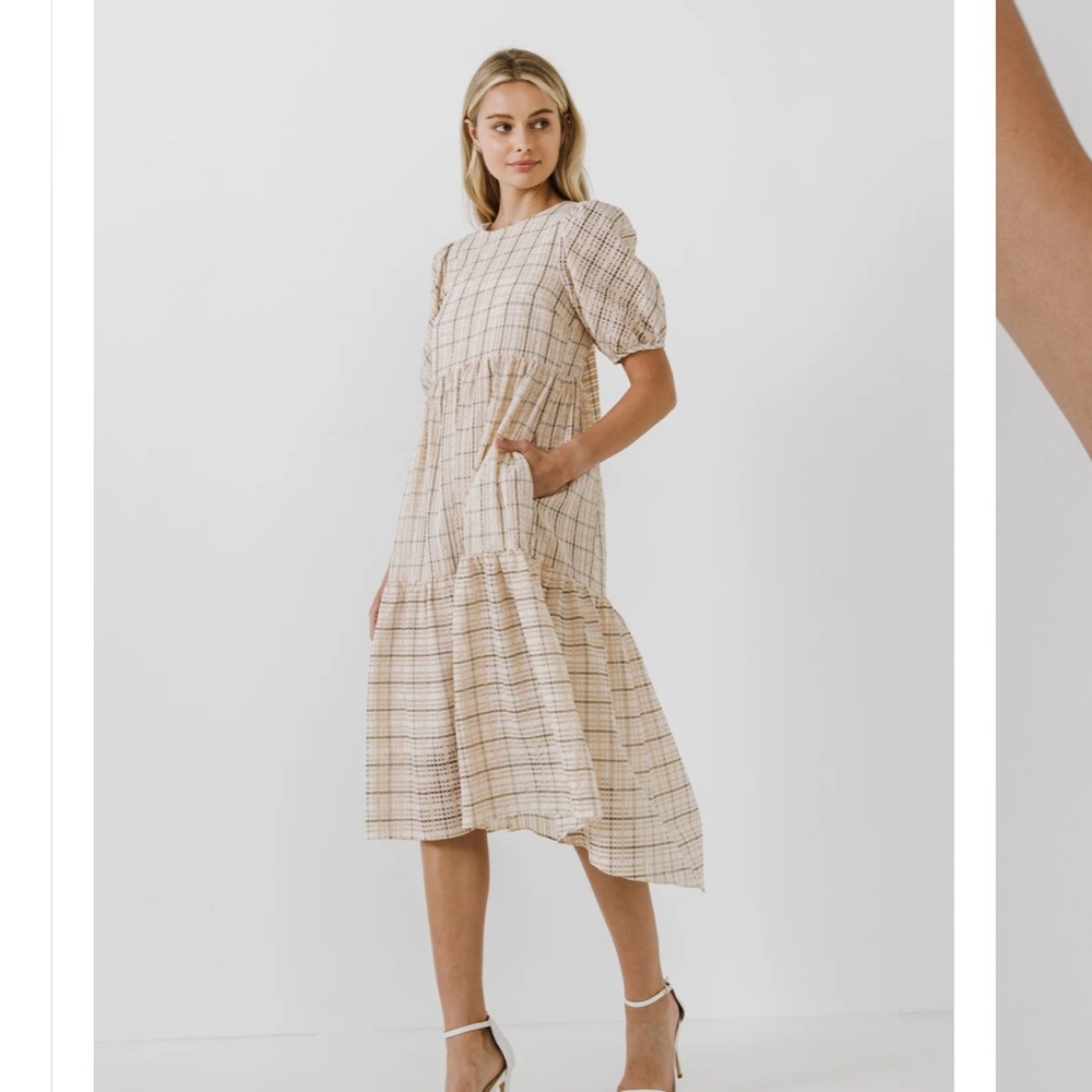 English Factory Plaid Midi Dress (cream)